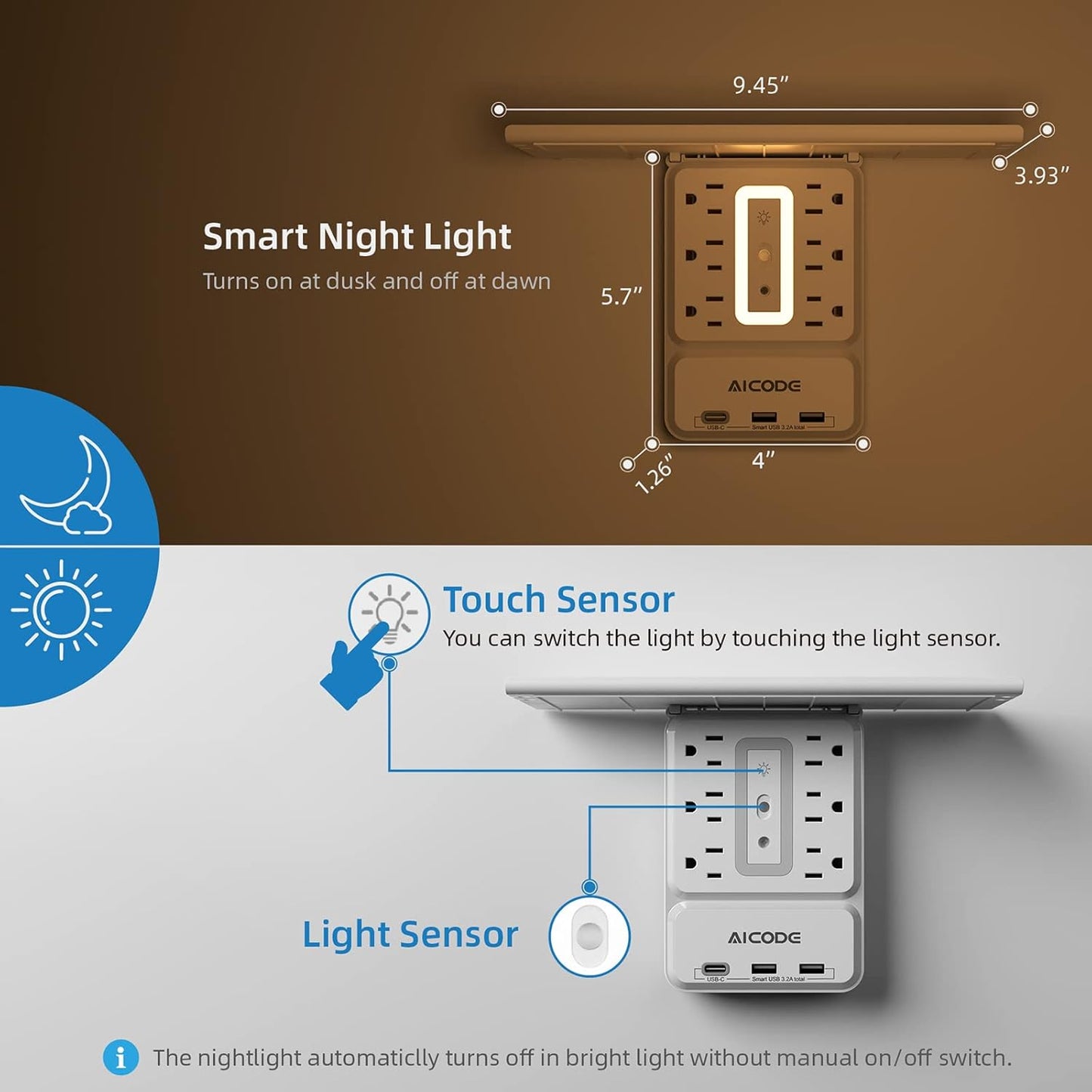 Socket Outlet Shelf AICODE Surge Protector with 6 Nightlight Wall Outlet Extender 6 Outlets with 3 USB Ports(1 USB C) Wall Plug Expander Charger Shelf for...