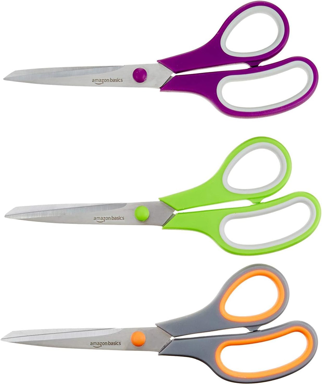 Multipurpose, Comfort Grip, PVD Coated, Stainless Steel Office Scissors, 3-Pack, Purple, Green & Gray