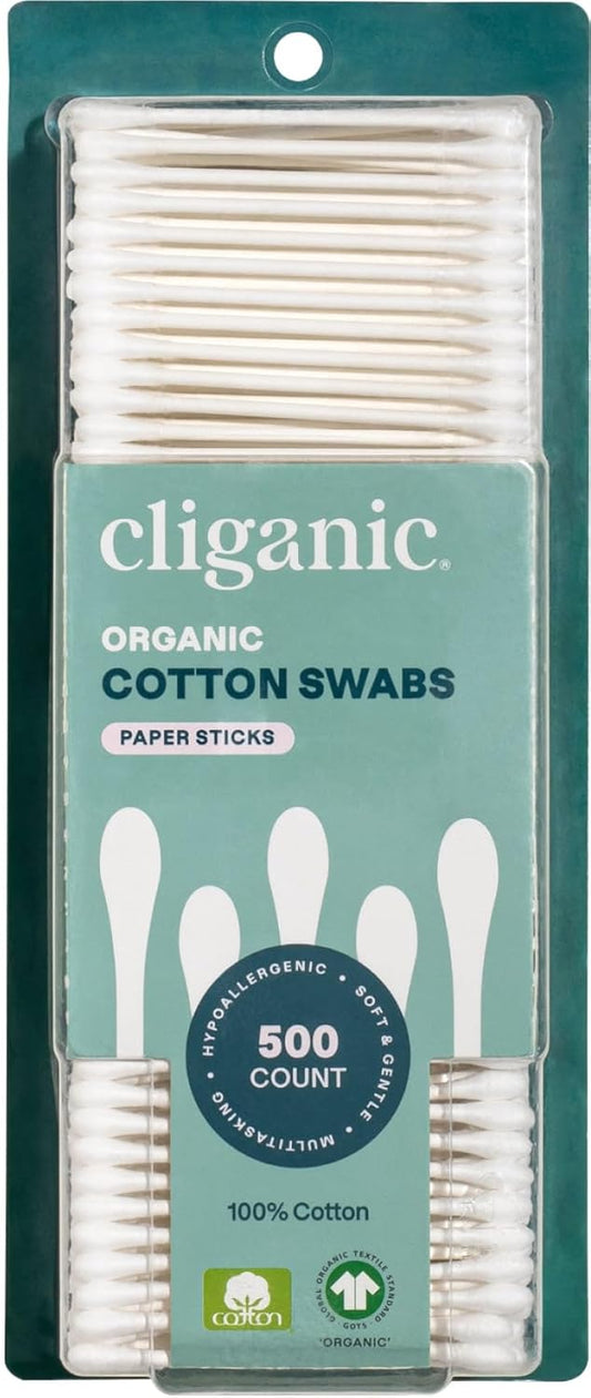 Cliganic Organic Cotton Swabs, 500 Count - 100% Pure Natural Cotton, Chlorine-Free Hypoallergenic, Soft, Gentle & Absorbent Buds