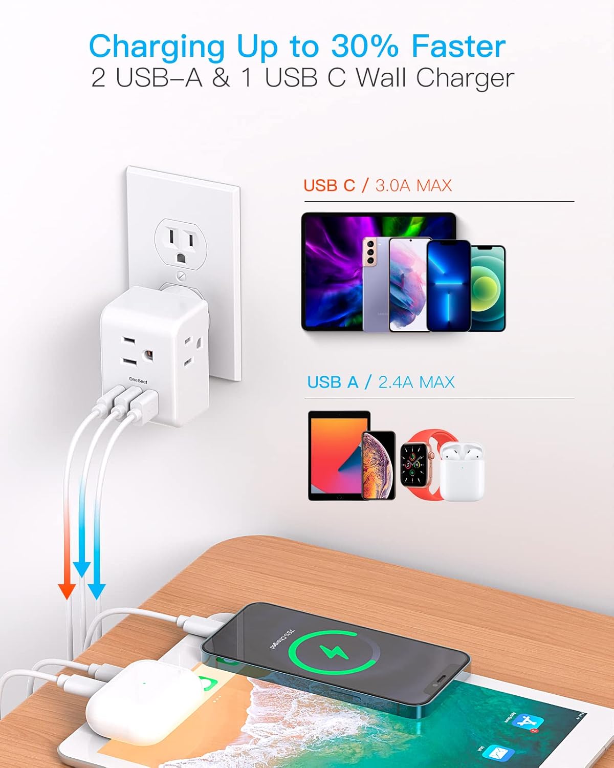 Multi Plug Outlet Extender, Power Strip Non Surge Protector Electric Outlet Splitter with 3 USB Wall Charger (1 USB C), Multiple Outlet Expander for Cruise,...