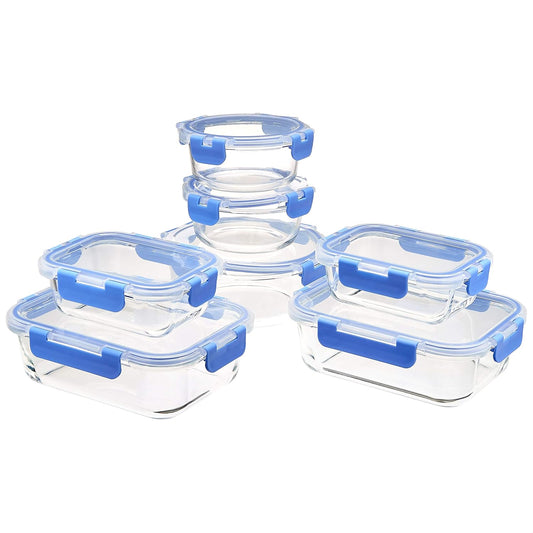 Glass Food Storage Containers with BPA-Free Locking Lids - Set of 14 Pieces, Clear with Blue Silicone Seals, Microwave and Freezer Safe, Dishwasher Safe, Durable and Easy to Clean