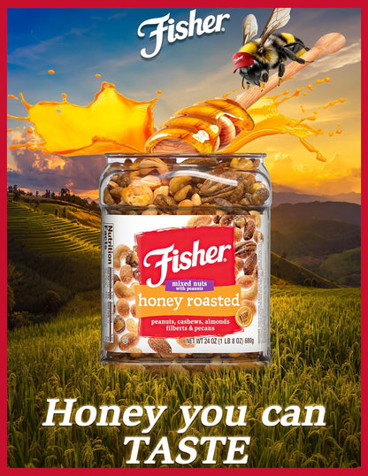 Fisher Snack Honey Roasted Mixed Nuts with Peanuts, 24 Ounces, Peanuts, Cashews, Almonds, Filberts, Pecans